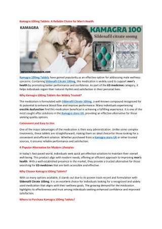 Kamagra 100mg Tablets: A Reliable Choice for Men's Health