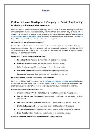 Custom Software Development Company in Dubai -Ezulix Software