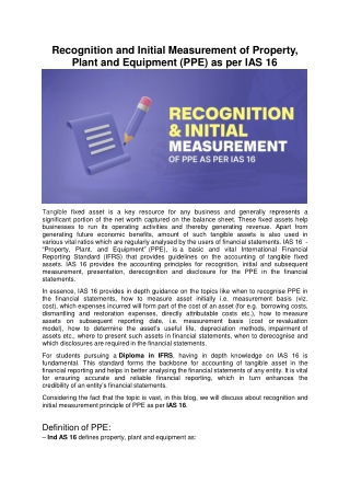 Recognition and Initial Measurement of Property, Plant and Equipment (PPE) as pe