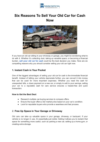 Six Reasons To Sell Your Old Car for Cash Now