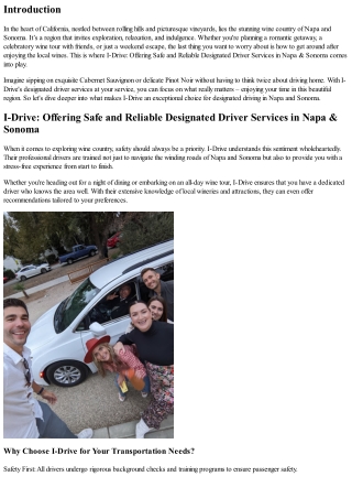 I-Drive: Offering Safe and Reliable Designated Driver Services in Napa & Sonoma