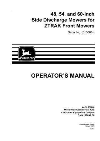 John Deere 48 54 and 60-Inch Side Discharge Mowers for ZTRAK Front Mowers Operator’s Manual Instant Download (PIN010001-