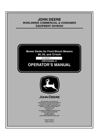 John Deere 60 62 and 72-Inch Mower Decks for Front Mount Mowers Operator’s Manual Instant Download (PIN080001-) (Publica