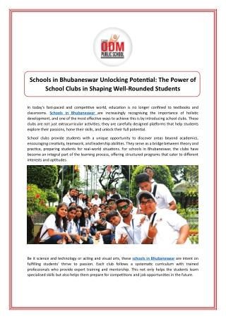 Schools in Bhubaneswar Unlocking Potential The Power of School Clubs in Shaping Well-Rounded Students