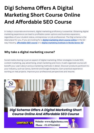Digi Schema Offers A Digital Marketing Short Course Online And Affordable SEO Course