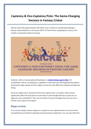 Captaincy & Vice-Captaincy Picks The Game-Changing Decision in Fantasy Cricket