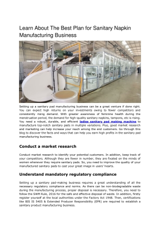Business plan for sanitary pad start up using sanitary pad making machines