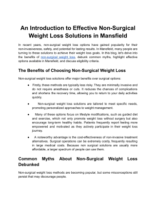 An Introduction to Effective Non-Surgical Weight Loss Solutions in Mansfield