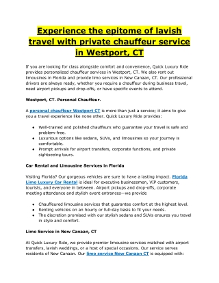 Experience the epitome of lavish travel with private chauffeur service in Westport, CT