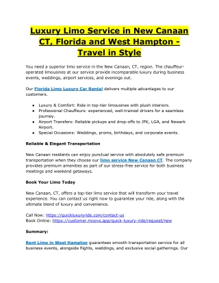 Luxury Limo Service in New Canaan CT, Florida and West Hampton - Travel in Style