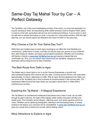 Same-Day Taj Mahal Tour by Car – A Perfect Getaway