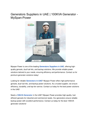 Generators Suppliers in UAE | 100KVA Generator - MySpan-Power