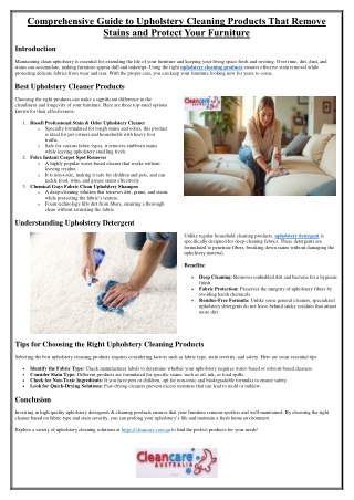 Comprehensive Guide to Upholstery Cleaning Products That Remove Stains and Protect Your Furniture