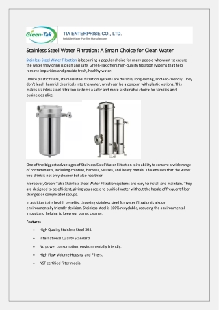Stainless Steel Water Filtration: A Smart Choice for Clean Water