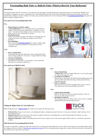 Freestanding Bath Tubs vs. Built-In Tubs Which is Best for Your Bathroom