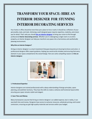 Transform Your Space Hire an Interior Designer for Stunning Interior Decorating Services