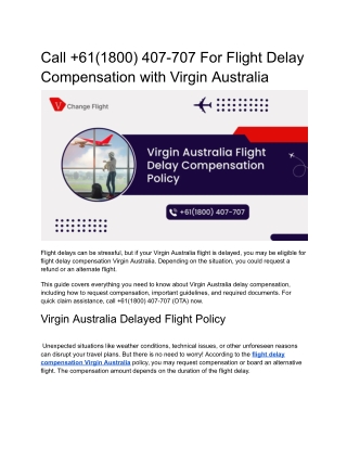 Call  61(1800) 407-707 For Flight Delay Compensation  Virgin Australia