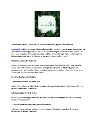 Astaxanthin Tablets – Powerful Antioxidant for Skin, Eyes & Immunity