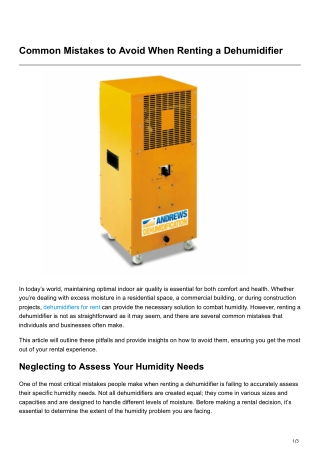 Common Mistakes to Avoid When Renting a Dehumidifier