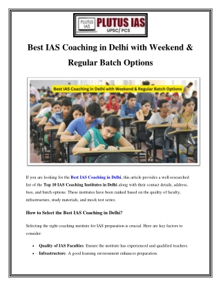 Best IAS Coaching in Delhi with Weekend & Regular Batch Options