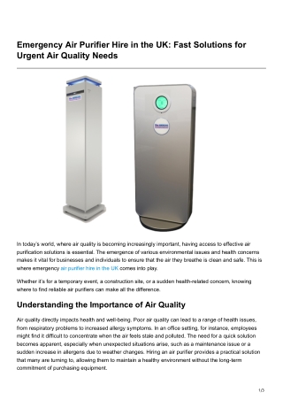 Emergency Air Purifier Hire in the UK Fast Solutions for Urgent Air Quality Needs