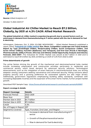 Industrial Air Chiller Market to Reach $7.2 Billion, Globally, by 2031 at 4.3% C