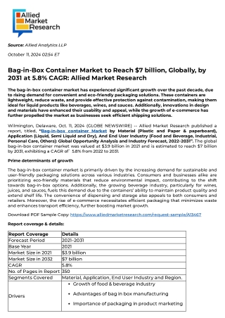 Bag-in-Box Container Market to Reach $7 billion, Globally, by 2031 at 5.8% CAGR
