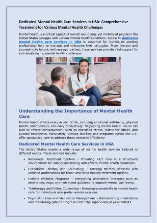 Dedicated Mental Health Care Services in USA