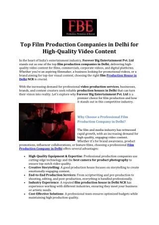 Top Film Production Companies in Delhi for High-Quality Video Content