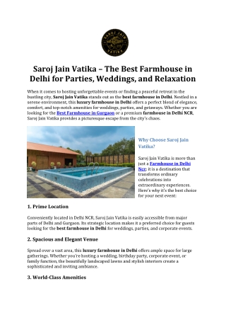 Saroj Jain Vatika – The Best Farmhouse in Delhi for Parties, Weddings, and Relaxation