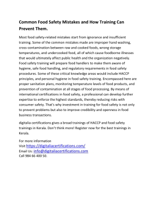 INTERNATIONAL FOOD SAFETY TRAININGS IN KERALA