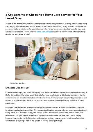 5 Key Benefits of Choosing a Home Care Service for Your Loved Ones