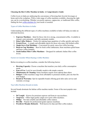 Choosing the Best Coffee Machine in India: A Comprehensive Guide