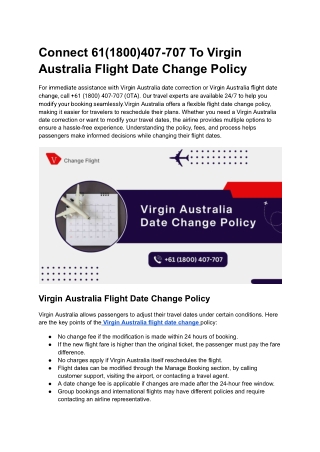 Connect 61(1800)407-707 To Virgin Australia Flight Date Change Policy