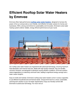Efficient Rooftop Solar Water Heaters by Emmvee