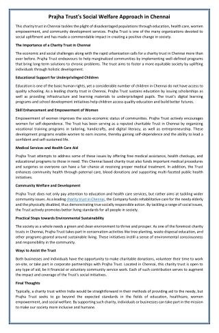 Prajha Trust's Social Welfare Approach in Chennai