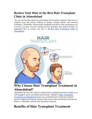 Restore Your Hair at the Best Hair Transplant Clinic in Ahmedabad