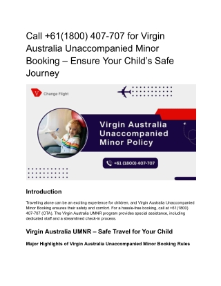 Call  61(1800) 407-707 for Virgin Australia Unaccompanied Minor Booking