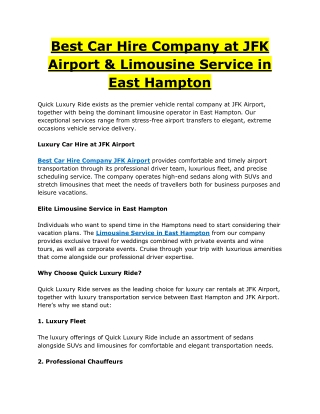 Best Car Hire Company at JFK Airport & Limousine Service in East Hampton