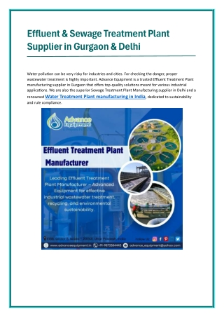 Effluent & Sewage Treatment Plant Supplier in Gurgaon & Delhi