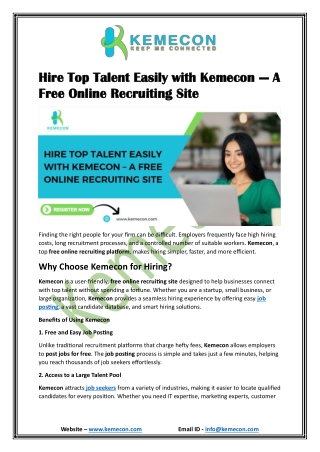 Hire Top Talent Easily with Kemecon — A Free Online Recruiting Site
