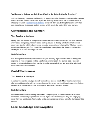 Taxi Service in Jodhpur vs. Self-Drive: Which is the Better Option for Travelers