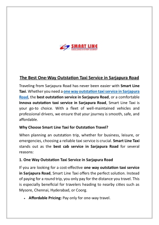 The Best One-Way Outstation Taxi Service in Sarjapura Road