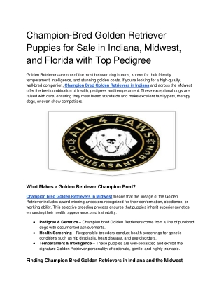 Champion-Bred Golden Retriever Puppies for Sale in Indiana, Midwest, and Florida with Top Pedigree