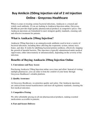 Buy Amikcin 250mg Injection vial of 2 ml Injection Online - Greycross Healthcare