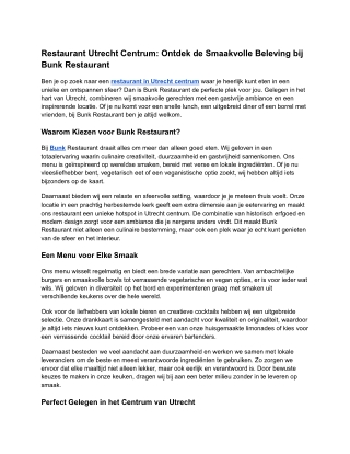 Restaurant Utrecht Centrum: Ontdek de Smaakvolle Beleving bij Bunk Restaurant