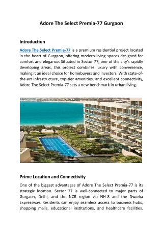 Upscale Your Lifestyle with Adore The Select Premia in Sector 77, Gurgaon.