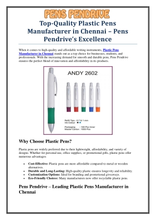 Premium Plastic Pens Manufacturer in Chennai – Quality & Customization