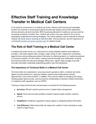 Effective Staff Training and Knowledge Transfer in Medical Call Centers