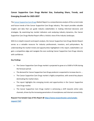 Cancer Supportive Care Drugs Market: Analysis of Upcoming Trends 2037